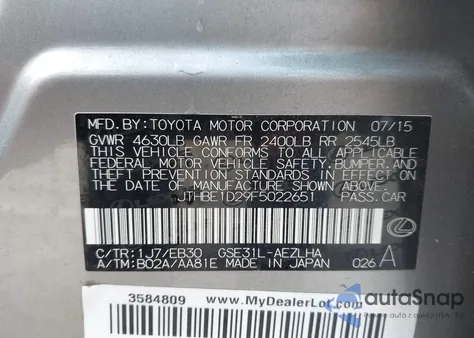 2015 Lexus Is 350 из США, поврежденный, VIN JTHBE1D29F5022651